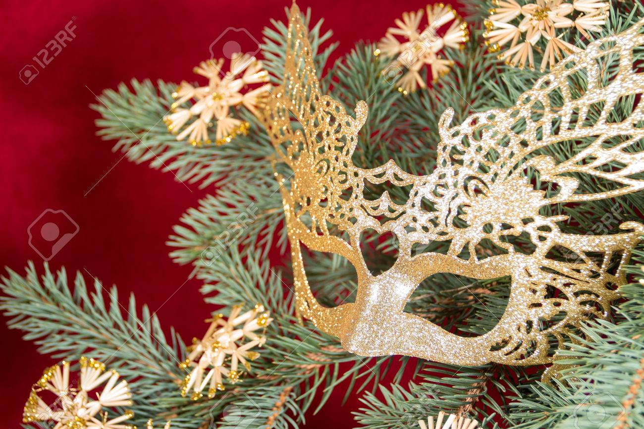 Carnival Mask Christmas Tree Snowflakes Ornamental Shrubs Branches New Year Stock Photo
