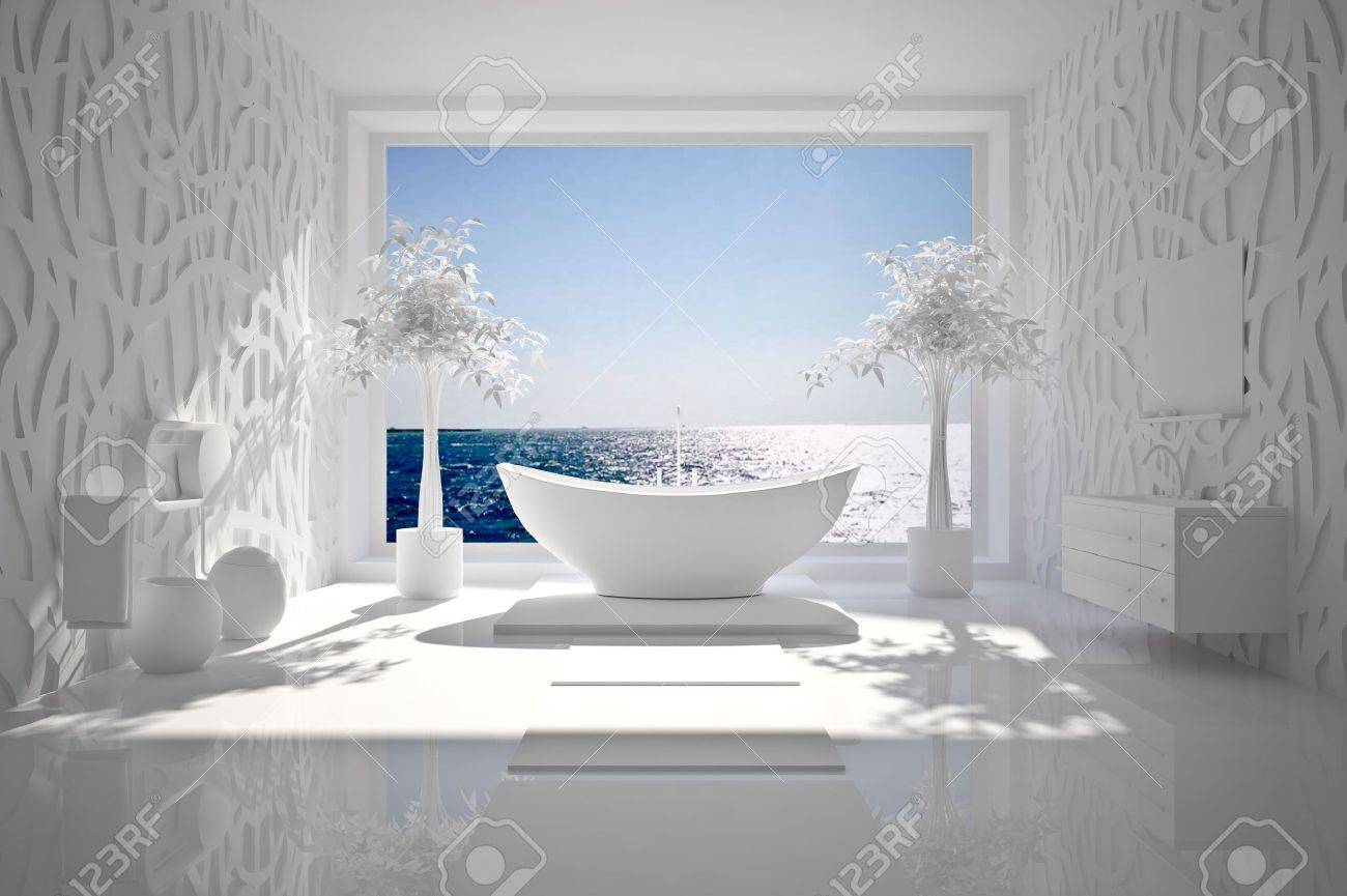 Salle De Bain De Luxe En Pierre ~ int rieur moderne de salle de bain avec vue sur la mer bw banque d Salle De Bain De Luxe En Pierre ~ int rieur moderne de salle de bain avec vue sur la mer bw banque d