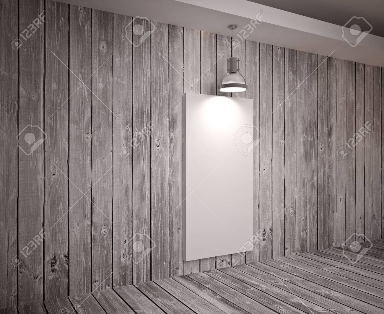 Banner on wooden wall with lamps modern interior stock photo
