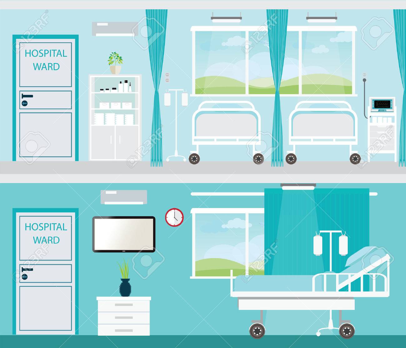 病室ベッドと近代的な病院 挿絵で装備されて快適な医療 のイラスト素材 ベクタ Image