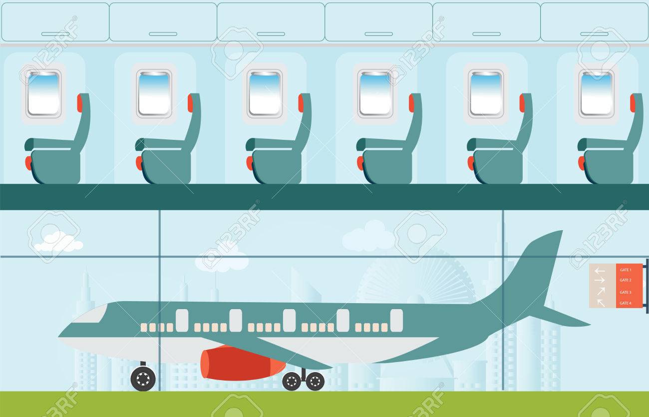 シティ ビューの背景と航空会社飛行機の席 ビジネス旅行イラスト インテリアに 空港での飛行機 のイラスト素材 ベクタ Image
