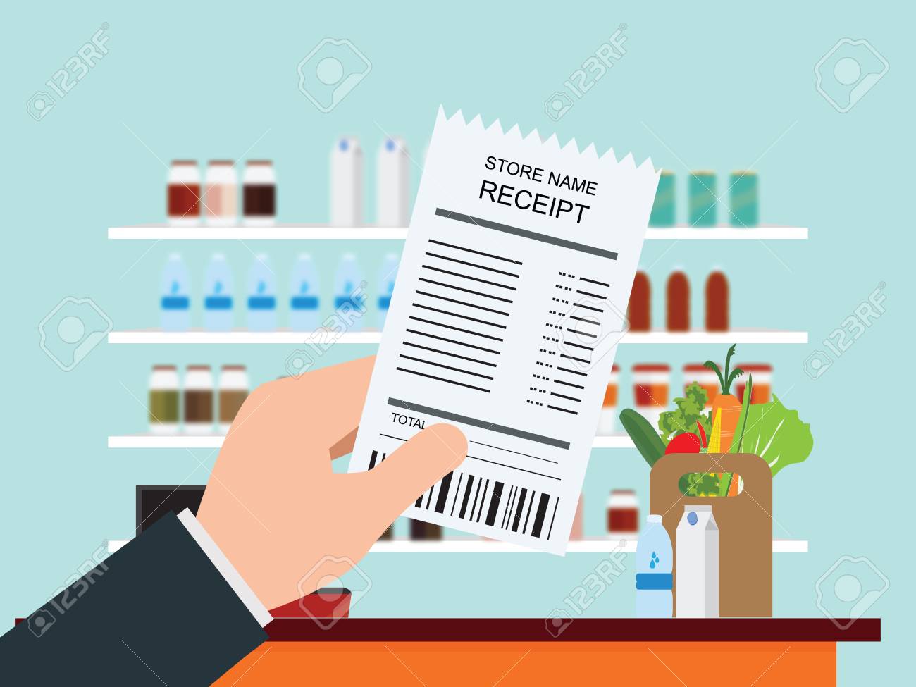 買い物レジのカウンターにスーパー マーケット内部に領収書を持っている手の棚 商品の背景をぼかし ベクトル イラスト のイラスト素材 ベクタ Image