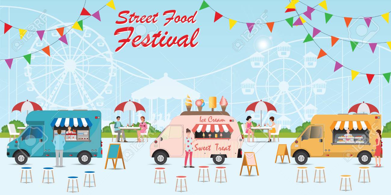 Street Food Truck Festival With Food And Drink With People Buying