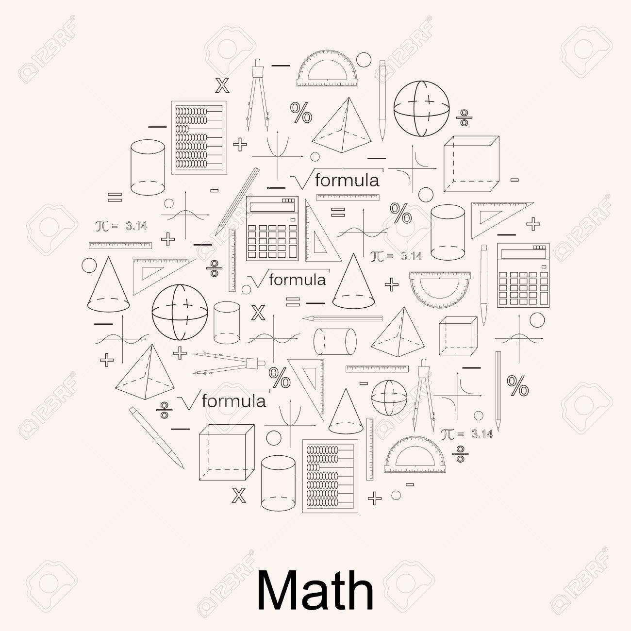 数学のアイコンのセットです 直線的なスタイル 数学と幾何学の知識 幾何学的図形 そろばんと電卓 ペンと鉛筆 知識の概念 ベクトルの図 のイラスト素材 ベクタ Image