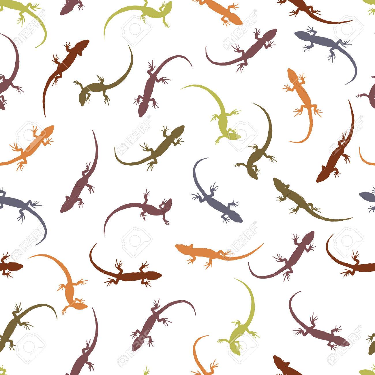 トカゲとのシームレスなパターン 明るい背景に爬虫類のカラフルなシルエット 異なるトカゲの概要 ベクトルの図 のイラスト素材 ベクタ Image
