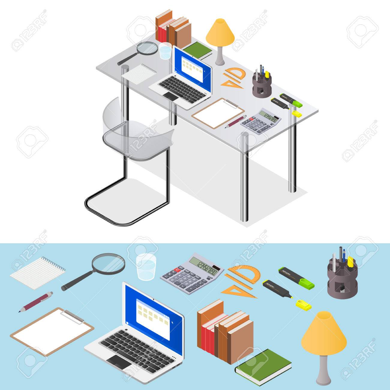 ワークスペースです 文房具と作業のためのラップトップの透明な机 職場のホーム キャビネットの内部の要素 フリーランサーの場所 ベクトルの図 のイラスト素材 ベクタ Image
