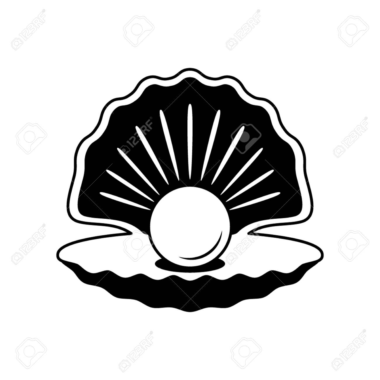 真珠付き開殻の黒いシルエット フラット スタイルのロゴ 図のイラスト素材 ベクタ Image