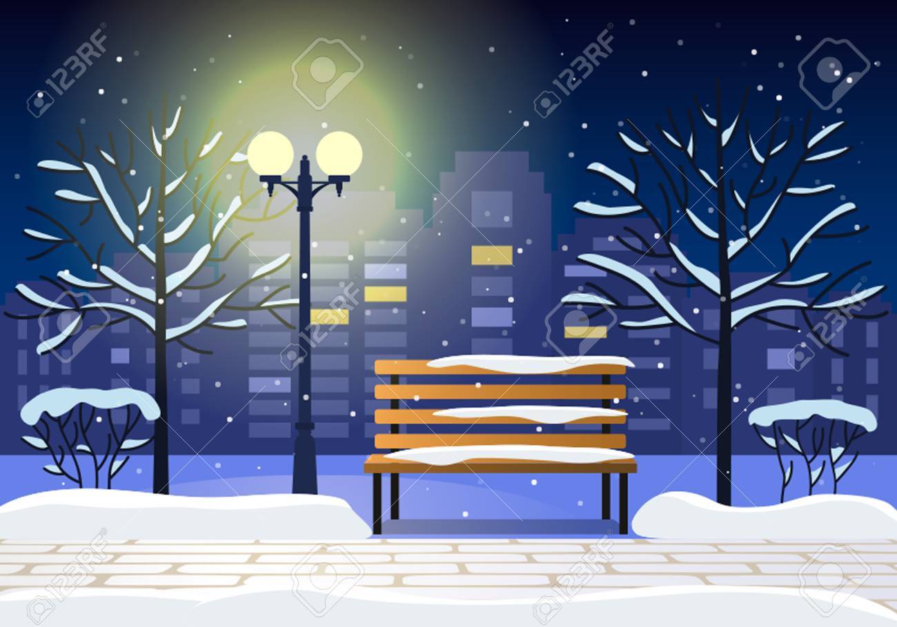 都市公園におけるベンチのある夜の冬景色 のイラスト素材 ベクタ Image