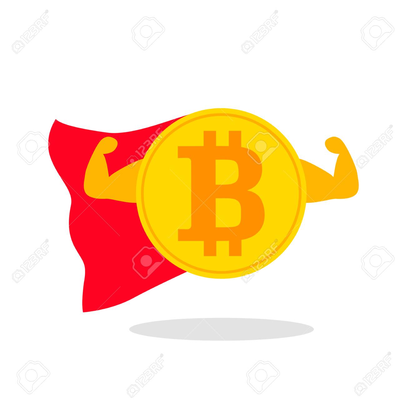 비트 코인의 캐릭터는 빨간 망토의 슈퍼 히어로입니다. 현대 인터넷 수입의 개념. 블록 체인을 기반으로 암호화 된 암호화 통화. 격리 된  벡터 일러스트 레이 션. 로열티 무료 사진, 그림, 이미지 그리고 스톡포토그래피. Image