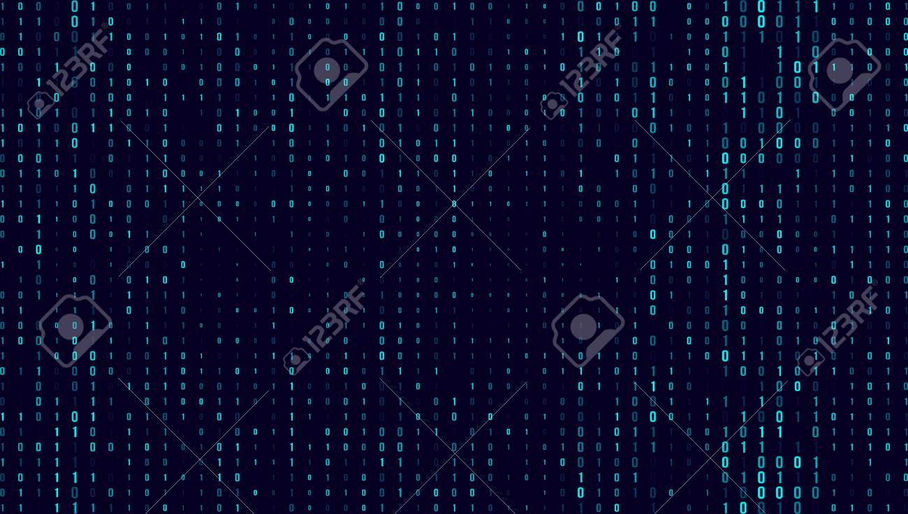 화면상의 이진 행렬 코드 스트림. 컴퓨터 매트릭스의 수. 암호화 통화 비트 코인의 코딩, 해커 또는 마이닝 개념. 벡터 일러스트입니다.  로열티 무료 사진, 그림, 이미지 그리고 스톡포토그래피. Image 97142652