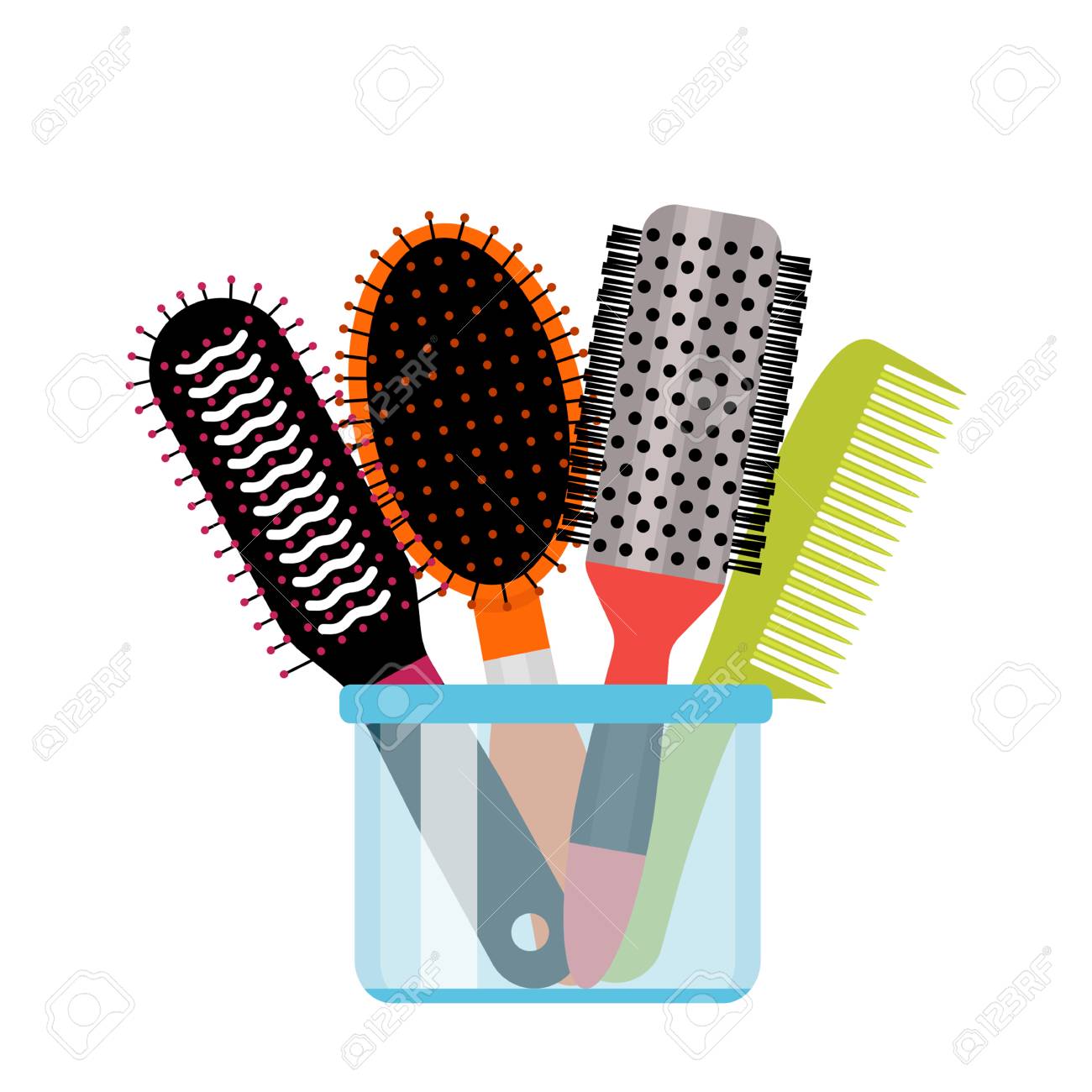 A Large Set Of Different Types Of Hairbrushes In A Glass The