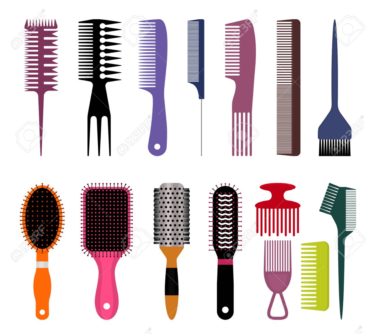 A Large Set Of Different Types Of Hairbrushes The Concept Of