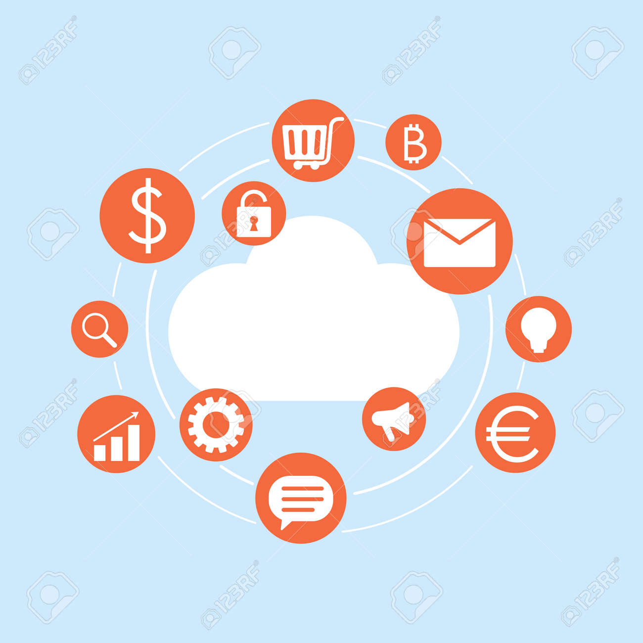 다양한 현대 기술 아이콘이 있는 인터넷 클라우드 비즈니스 무역 메일 바구니 비트코인 성장 차트 검색 벡터 일러스트레이션 흰색 배경에  격리됨 로열티 무료 사진, 그림, 이미지 그리고 스톡포토그래피. Image 167468155