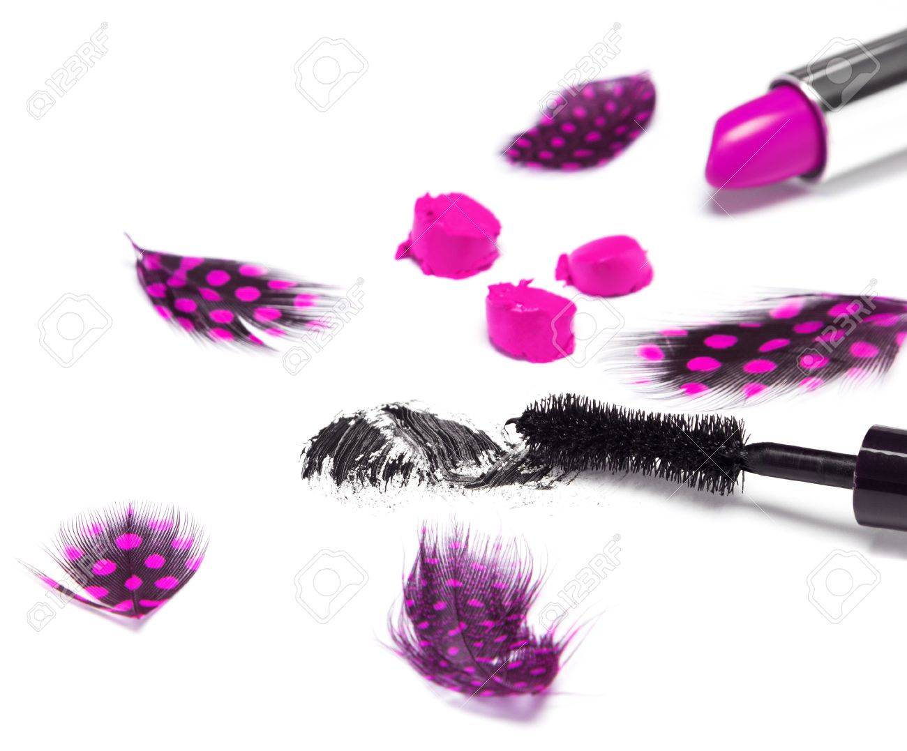 Maquillage Saucy Mascara Noir Et Rouge à Lèvres Violet Vif Avec Des Plumes Tachetées Sur Fond Blanc Vue De Côté Faible Profondeur De Champ Se