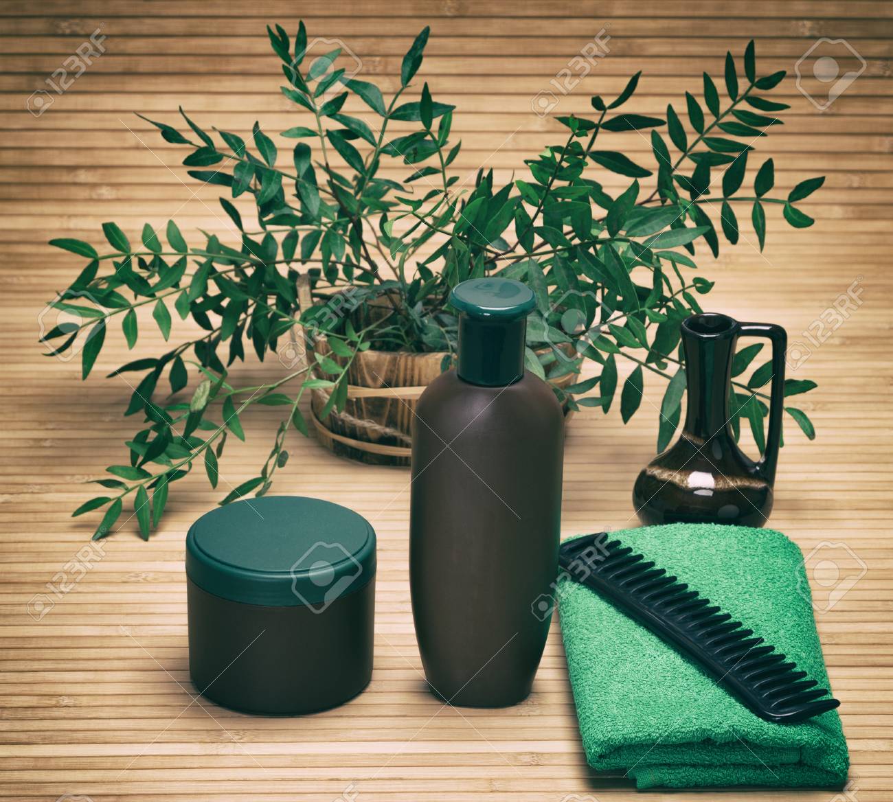 ナチュラルヘアケア化粧品 シャンプー ヘアマスク くし タオル 緑の植物の枝 トーン画像 の写真素材 画像素材 Image