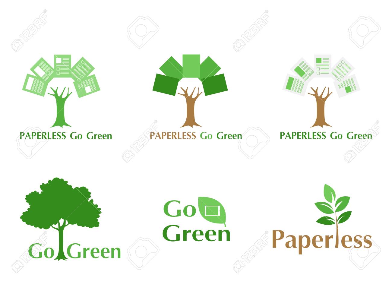 Set Of Paperless Logo Go Green Concept Paper Tree Document
