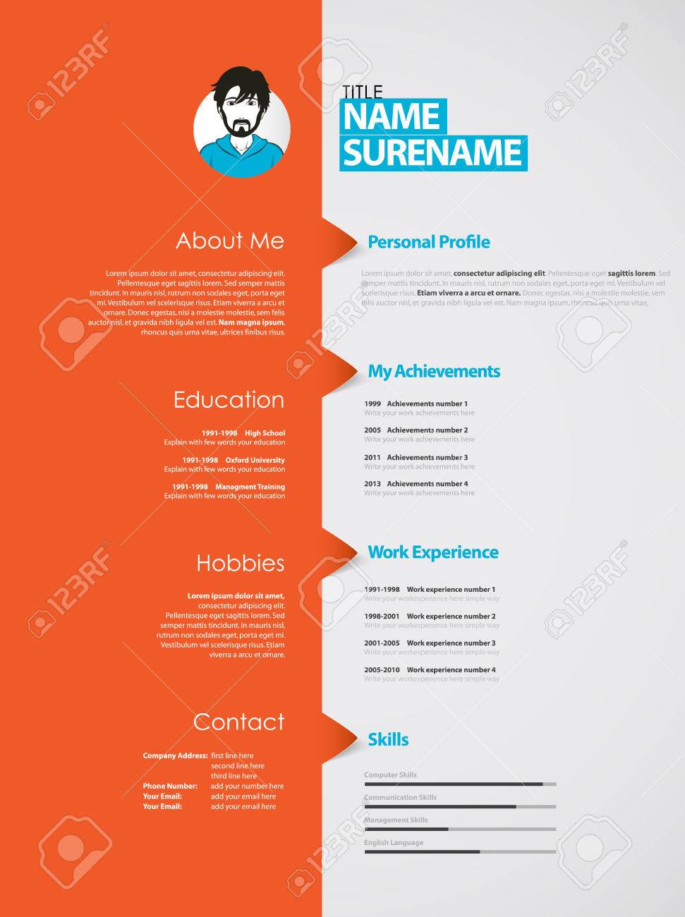 creative curriculum vitae template with orange stripe royalty free