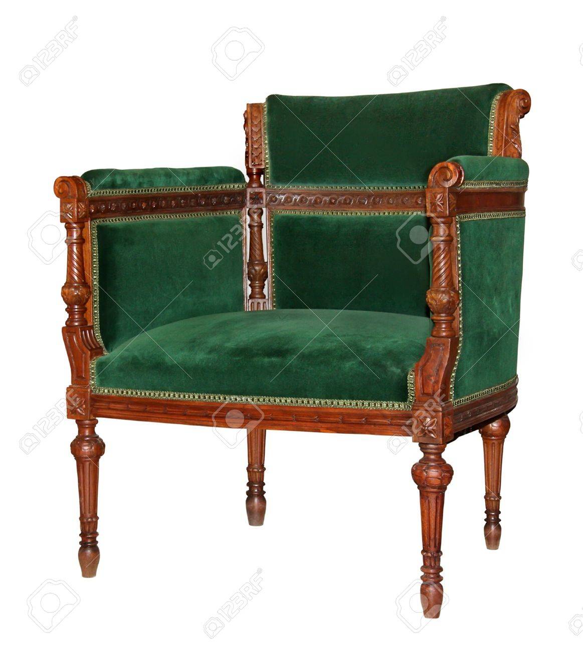 Vintage Green Velvet Chair Isolated On White Background Stock Photo Stock Photo - Vintage green velvet chair isolated on white background - Vintage Green Velvet Chair Isolated On White Background Stock Photo