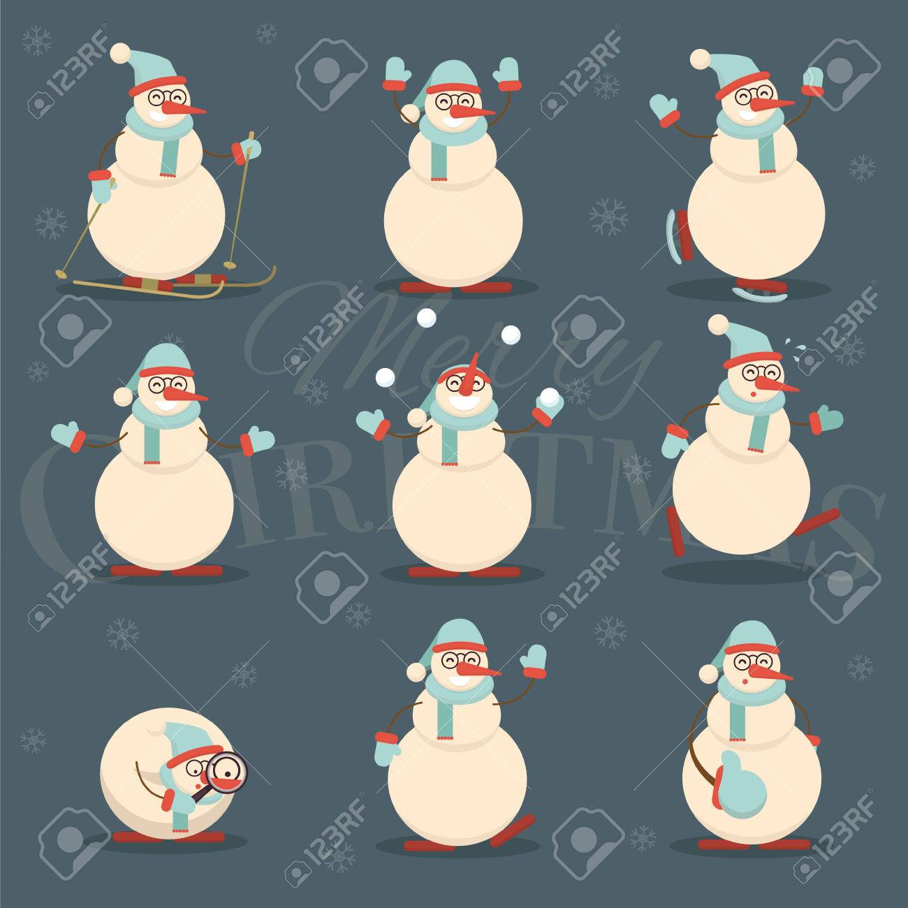 幸せな笑みを浮かべてクリスマス雪だるまの漫画のキャラクターの様々 な位置で 陽気肯定的なクリスマス雪男がジェスチャー 感情 ポーズ アクション ベクトル図のイラスト素材 ベクタ Image