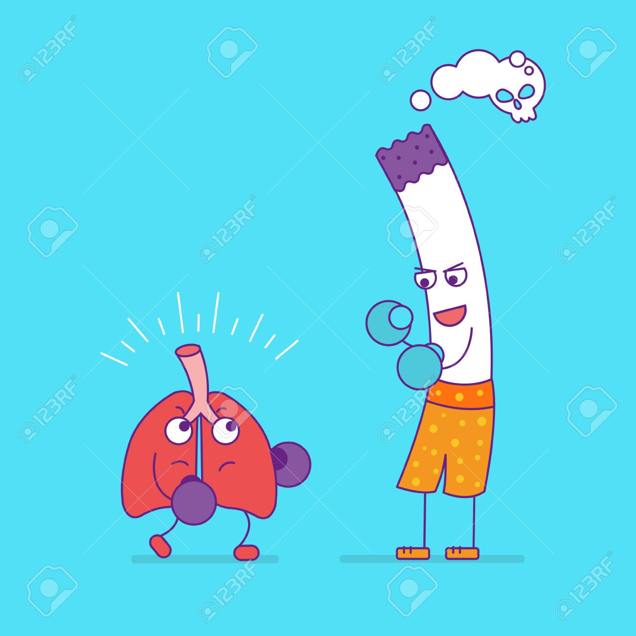 Los Pulmones Sanos Boxeo Con Personaje De Dibujos Animados De Cigarrillos En El Estilo De Línea Plana. Los Malos Hábitos, El Tabaquismo Y La Salud Del Sistema Respiratorio, El Estilo De Vida Los Pulmones Sanos Boxeo Con Personaje De Dibujos Animados De Cigarrillos En El Estilo De Línea Plana. Los Malos Hábitos, El Tabaquismo Y La Salud Del Sistema Respiratorio, El Estilo De Vida