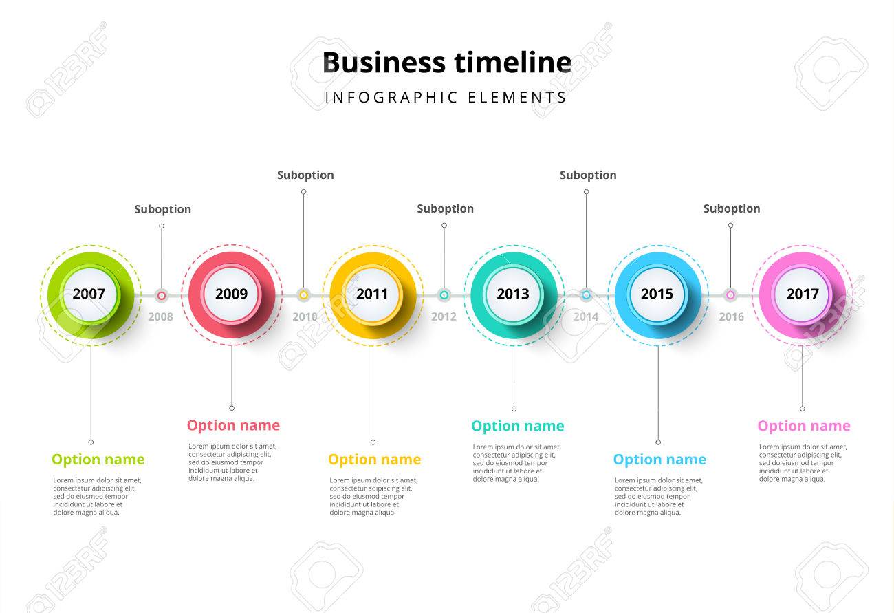 business timeline in step circles infographics corporate milestones