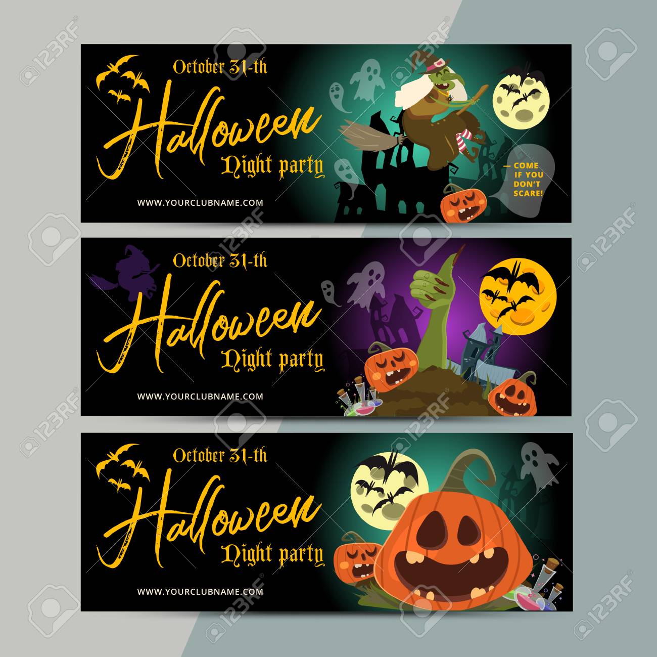 Happy Halloween Party Ticket Template Design All Hallow Eve Invitation Flyer Or Poster In Scary Cartoon Style All Saint Holiday Club Event Admission Layout Vector Illustration Royalty Free Cliparts Vectors And Stock