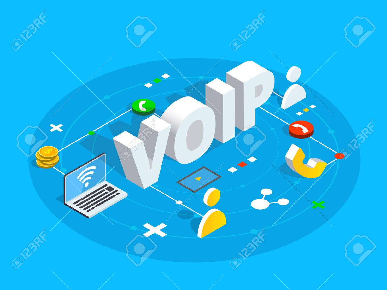 vector voip isometric vector concept illustration voice over ip or internet protocol technology background network phone call software