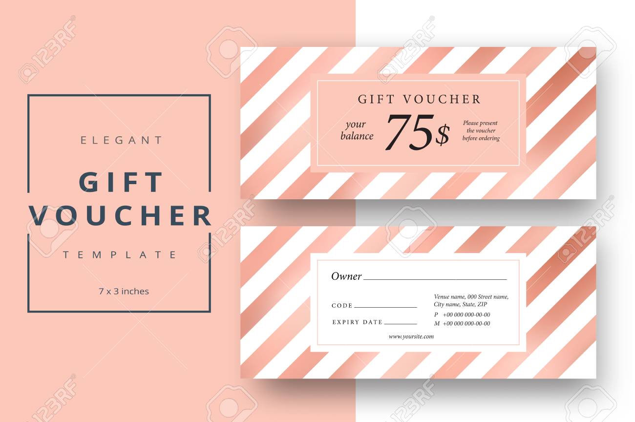 Abstract Gift Voucher Card Template Modern Discount Coupon Or Certificate Layout With Bronze Geometric Stripe Pattern Vector Fashion Bright Background Design With Information Sample Text Royalty Free Cliparts Vectors And Stock Illustration