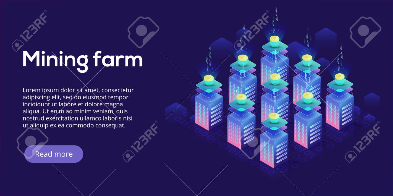 크립토 코인 채굴 팜 레이아웃. 암호 화폐 및 블록 체인 네트워크 비즈니스 아이소 메트릭 벡터 일러스트 레이 션 암호화 통화 교환 또는  거래 프로세스 배경. 로열티 무료 사진, 그림, 이미지 그리고 스톡포토그래피.