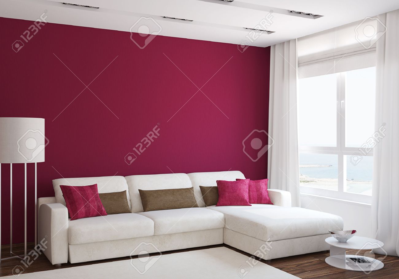Modern Living Room Interior With White Couch Near Empty Red Wall Modern Living Room Interior With White Couch Near Empty Red Wall