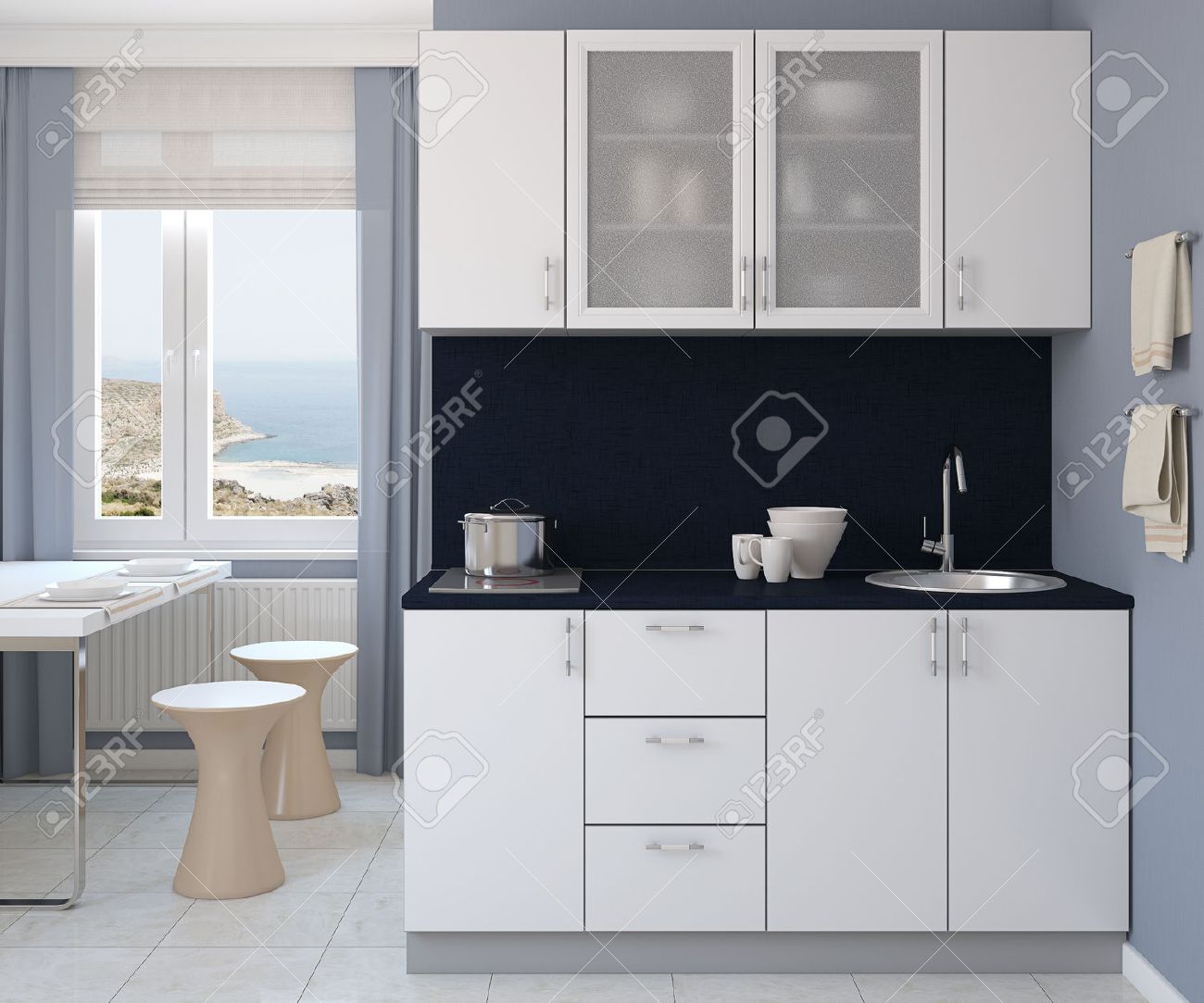 Moderno Piccola Cucina Bianca. Rendering 3D. Foto Dietro La Finestra ... Moderno Piccola Cucina Bianca. Rendering 3D. Foto Dietro La Finestra ...
