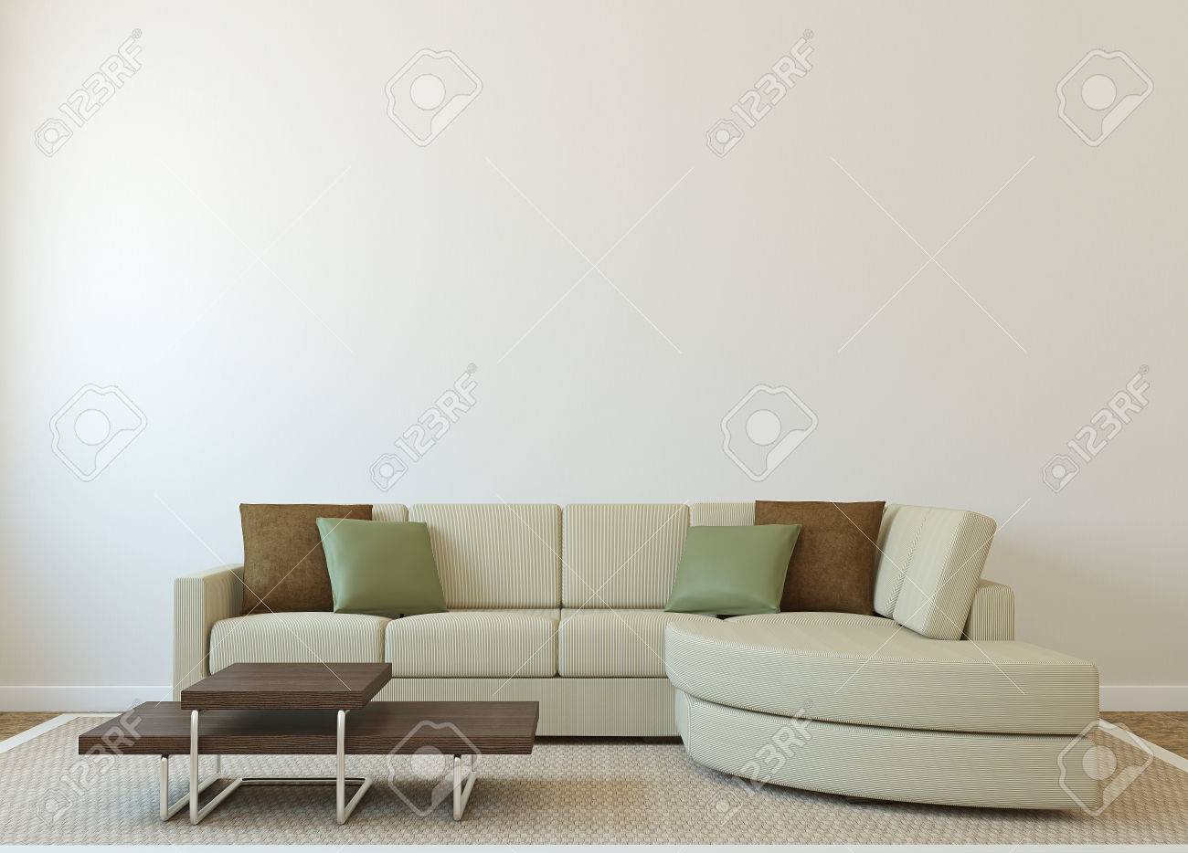 Moderne Wohnzimmer-Interieur Mit Couch In Der Nähe Leer Beige Wand ... Moderne Wohnzimmer-Interieur Mit Couch In Der Nähe Leer Beige Wand ...