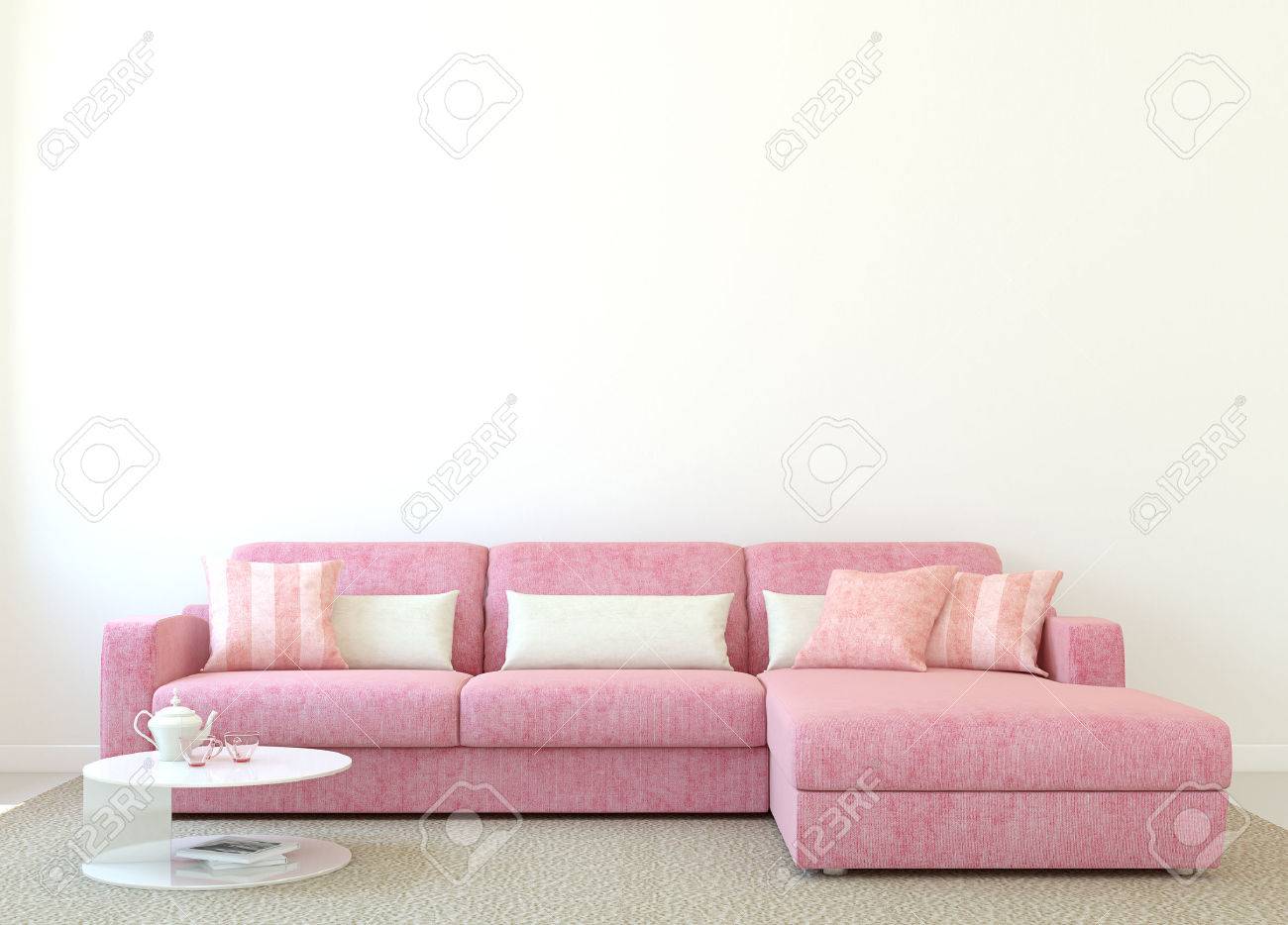 Moderne Wohnzimmer Interieur Mit Rosa Sofa In Der Nähe Von Leere ... Moderne Wohnzimmer Interieur Mit Rosa Sofa In Der Nähe Von Leere ...