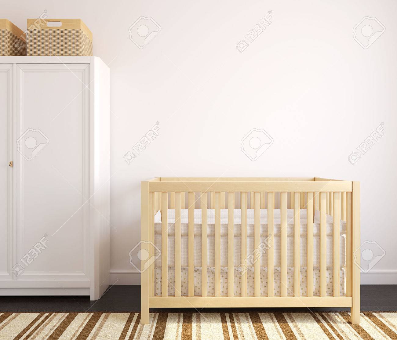 Cozy interior of nursery with wooden crib. Frontal view. 3d render. - 44828005 Cozy interior of nursery with wooden crib. Frontal view. 3d render. - 44828005