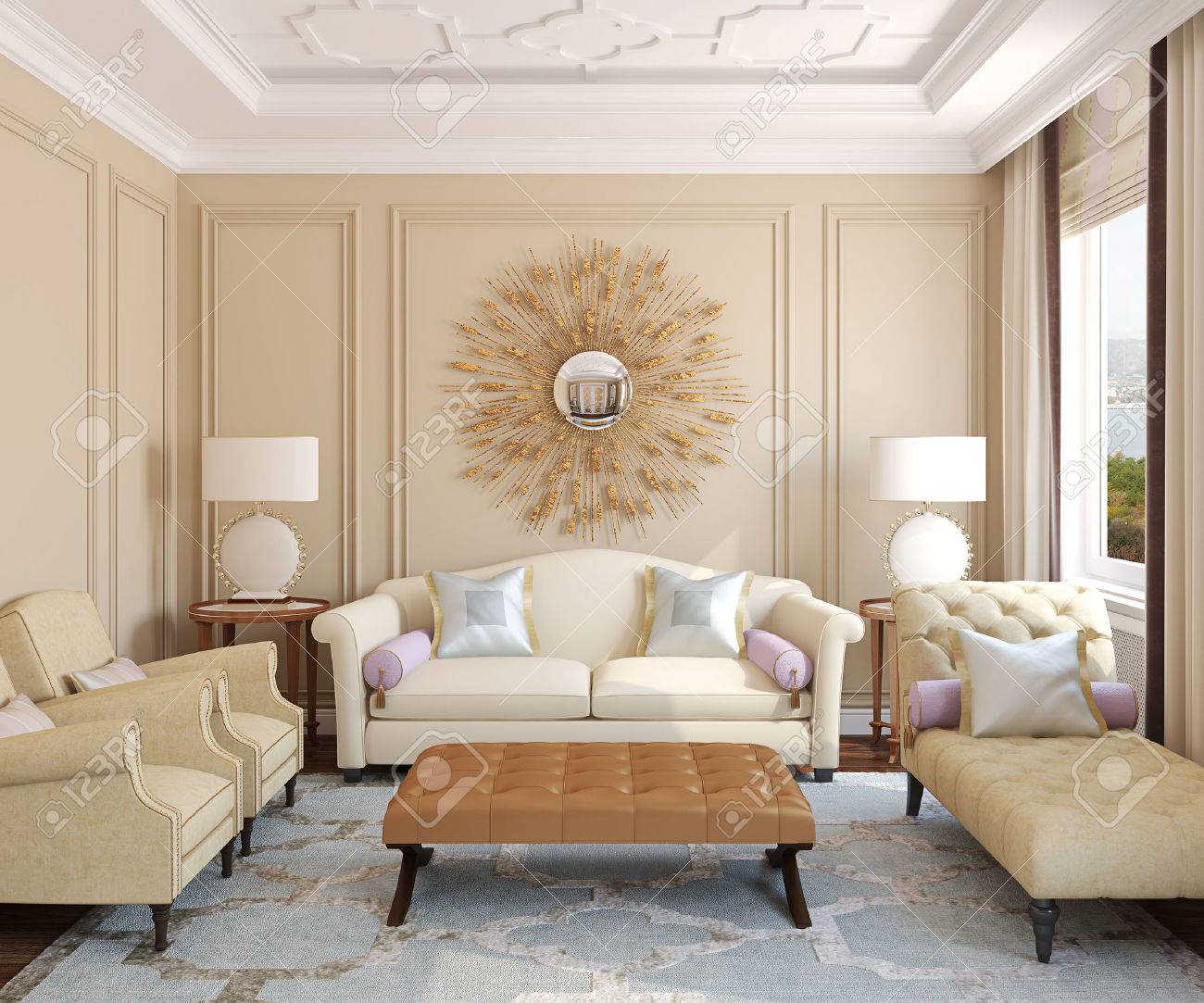 Luxury living-room interior. 3d render. Photo behind the window was made by me. - 45316482 Luxury living-room interior. 3d render. Photo behind the window was made by me. - 45316482