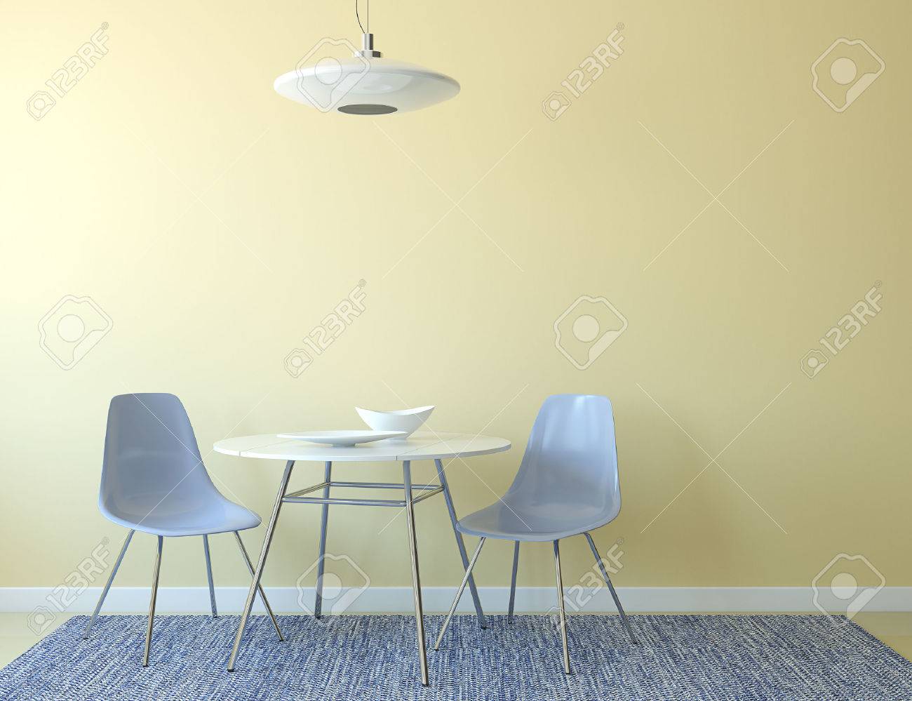 Kuche Interieur Mit Tisch Und Zwei Blaue Stuhle In Der Nahe Von Leere Gelbe Wand 3d Darstellung Lizenzfreie Fotos Bilder Und Stock Fotografie Image 45647675