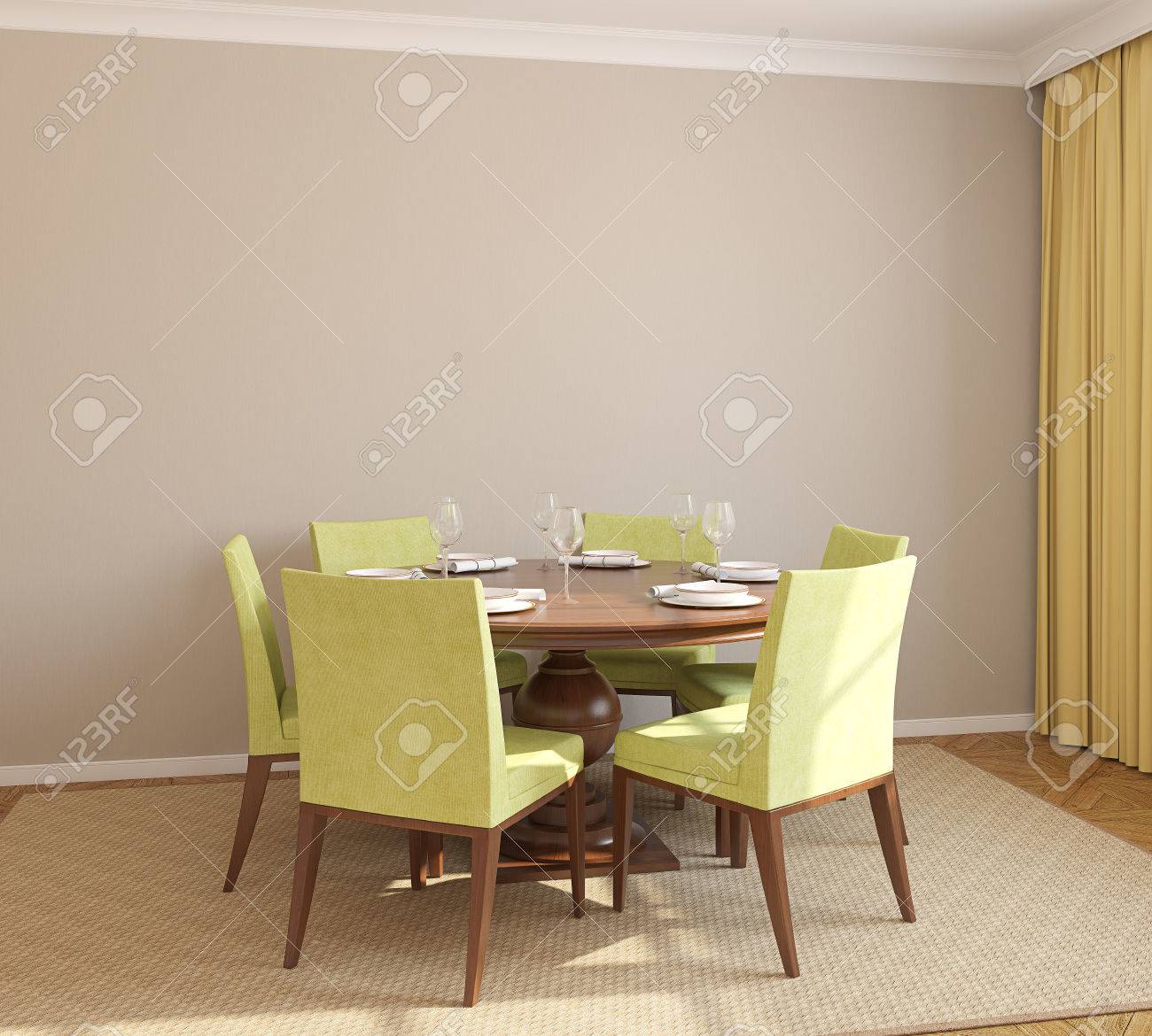 Dining-room interior with round table and six green chairs. 3d render. - 45647691 Dining-room interior with round table and six green chairs. 3d render. - 45647691