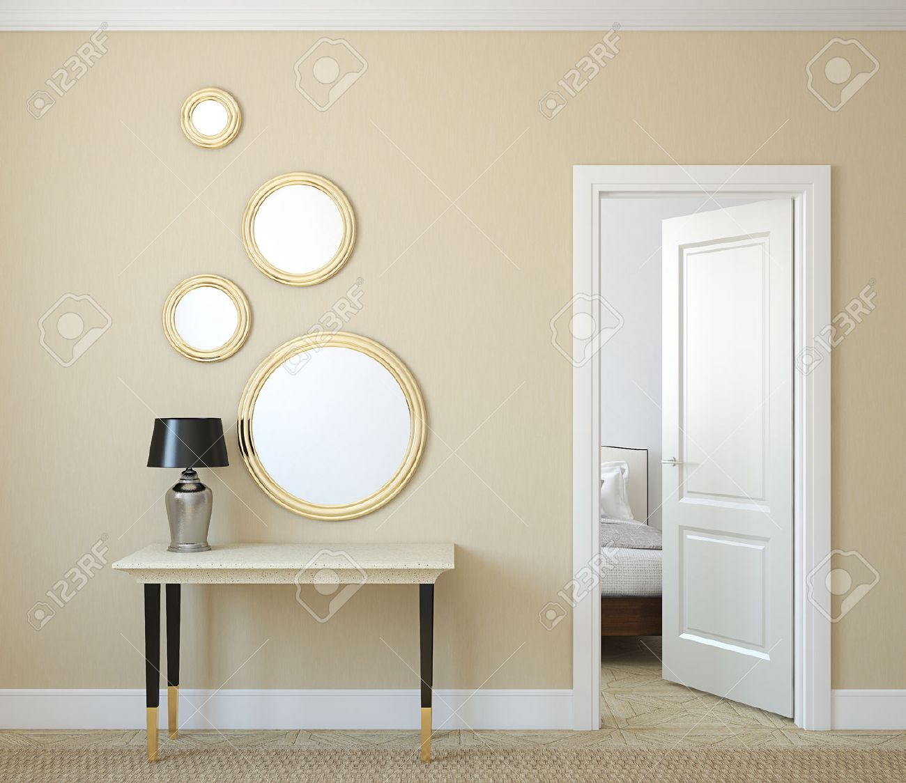 Modern hallway with open door. 3d render. - 46522668 Modern hallway with open door. 3d render. - 46522668