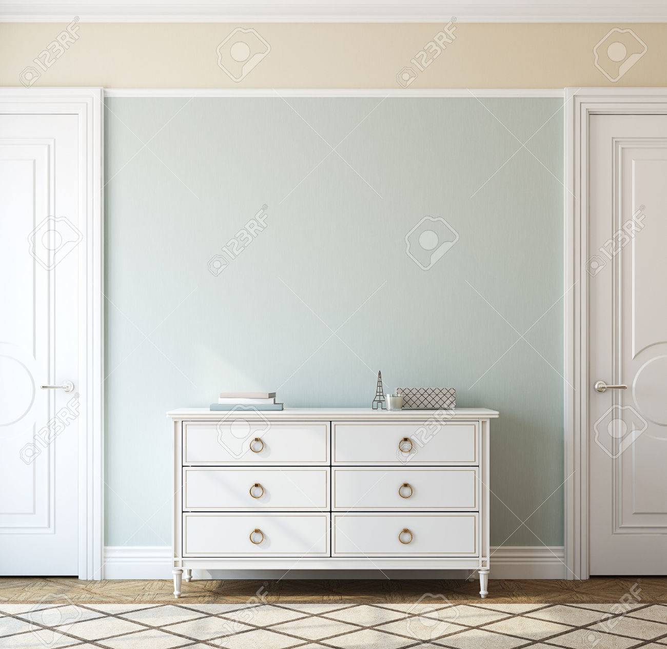 Interior Of Foyer With Dresser Near Empty Blue Wall 3d Render