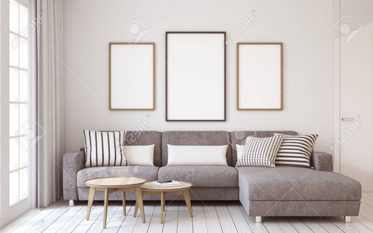 北欧風のリビング ルームのインテリア ポスターとモックアップ インテリア 3 D のレンダリング の写真素材 画像素材 Image