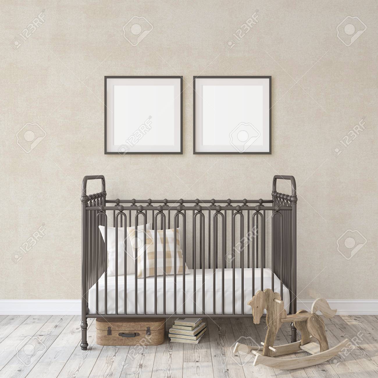 Farmhouse nursery. Black metal crib near white wall. Two black frames on the wall. Interior and frame mockup. 3d rendering. - 118411791 Farmhouse nursery. Black metal crib near white wall. Two black frames on the wall. Interior and frame mockup. 3d rendering. - 118411791