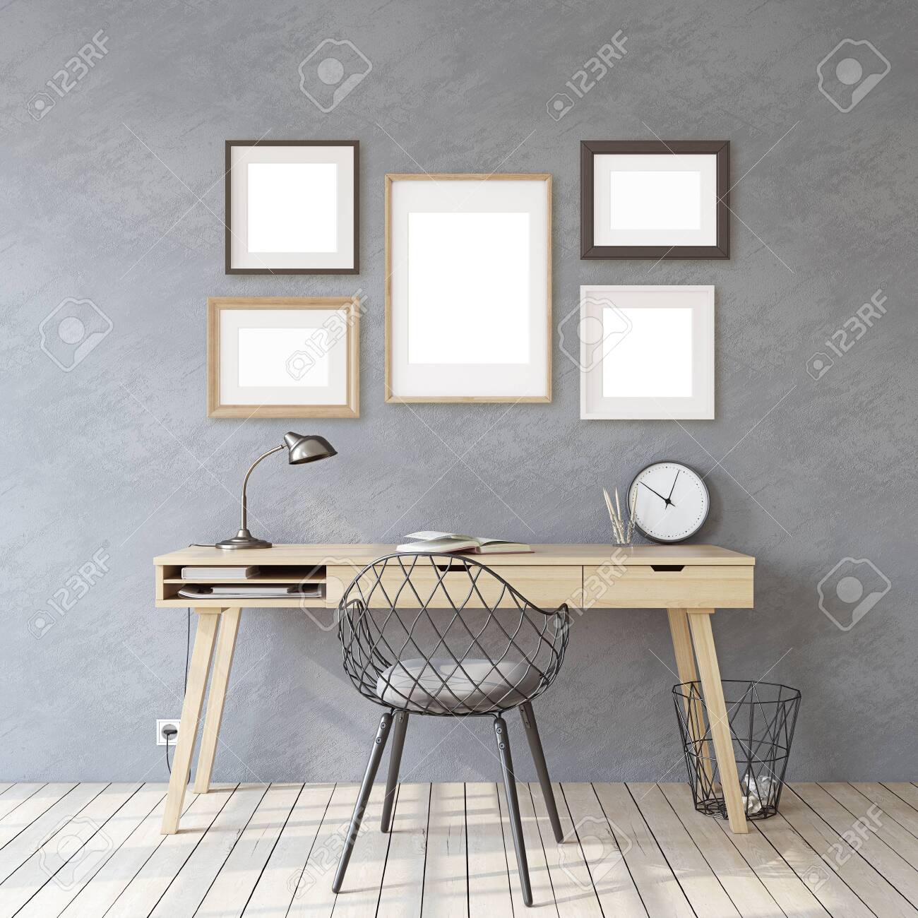 Home office. Interior and frame mockup. Wooden desk near gray wall. Different types of frames on the gray wall. 3d render. - 121679392 Home office. Interior and frame mockup. Wooden desk near gray wall. Different types of frames on the gray wall. 3d render. - 121679392