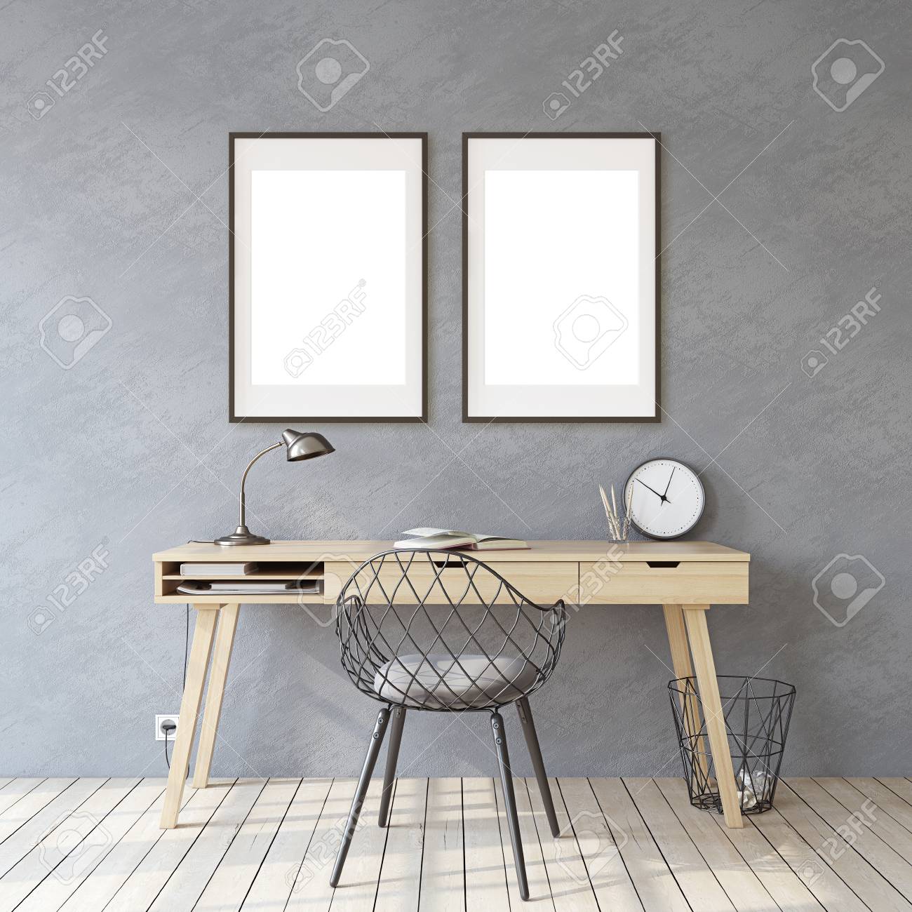 Home office. Interior and frame mockup. Wooden desk near gray wall. Two black frames on the gray wall. 3d render. - 121679393 Home office. Interior and frame mockup. Wooden desk near gray wall. Two black frames on the gray wall. 3d render. - 121679393