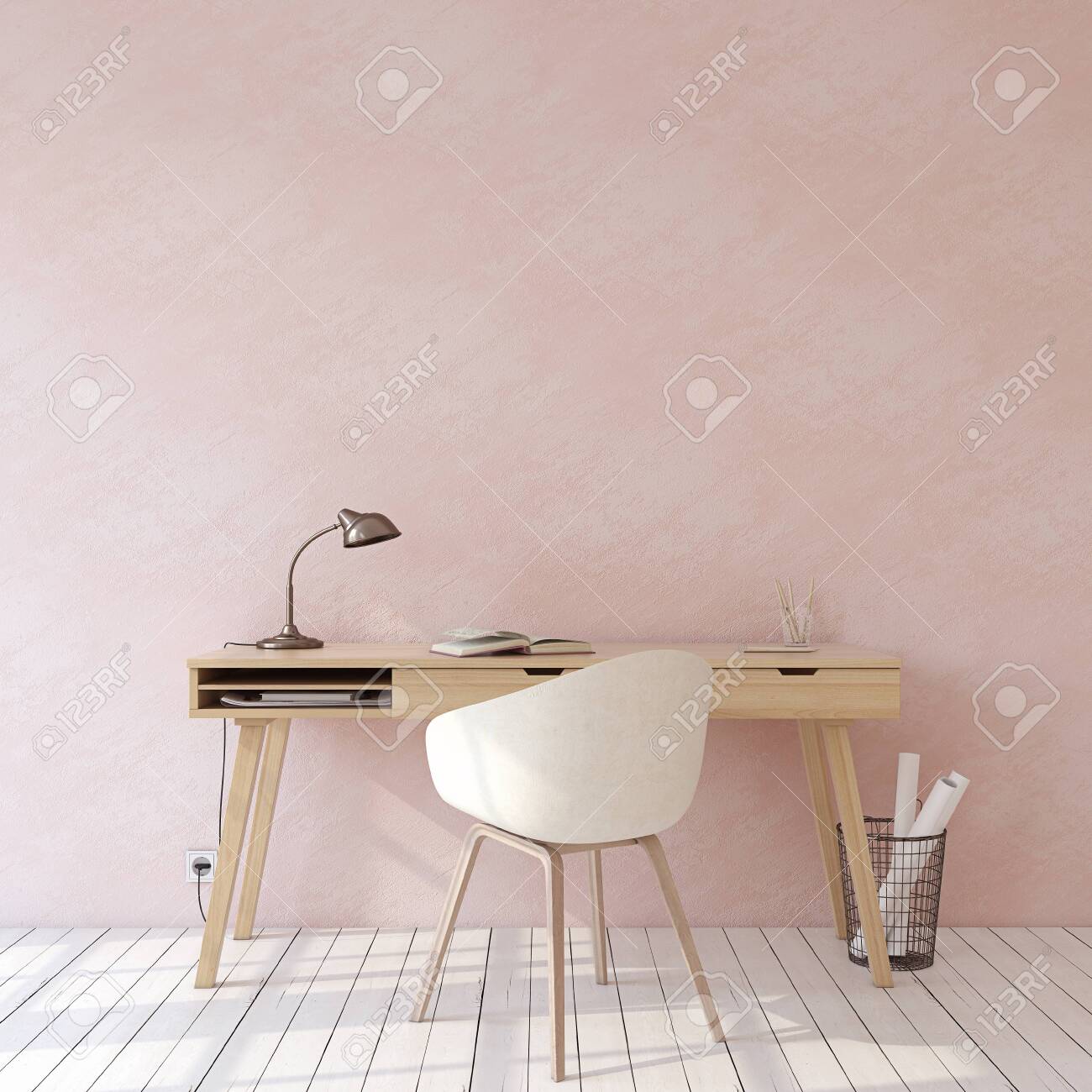 Home office. Interior mockup. Wooden desk near empty pink wall. 3d render. - 121679403 Home office. Interior mockup. Wooden desk near empty pink wall. 3d render. - 121679403