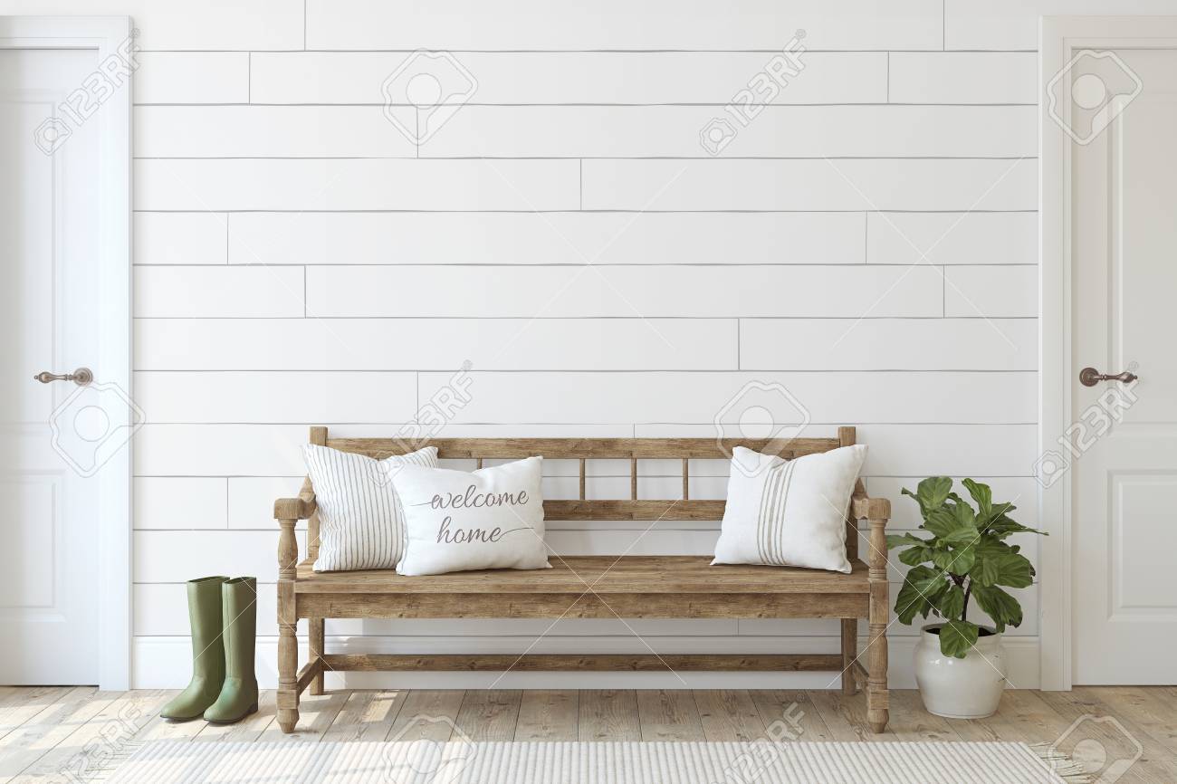 Farmhouse entryway. Wooden bench near white shiplap wall. Interior mockup. 3d render. - 126219681 Farmhouse entryway. Wooden bench near white shiplap wall. Interior mockup. 3d render. - 126219681