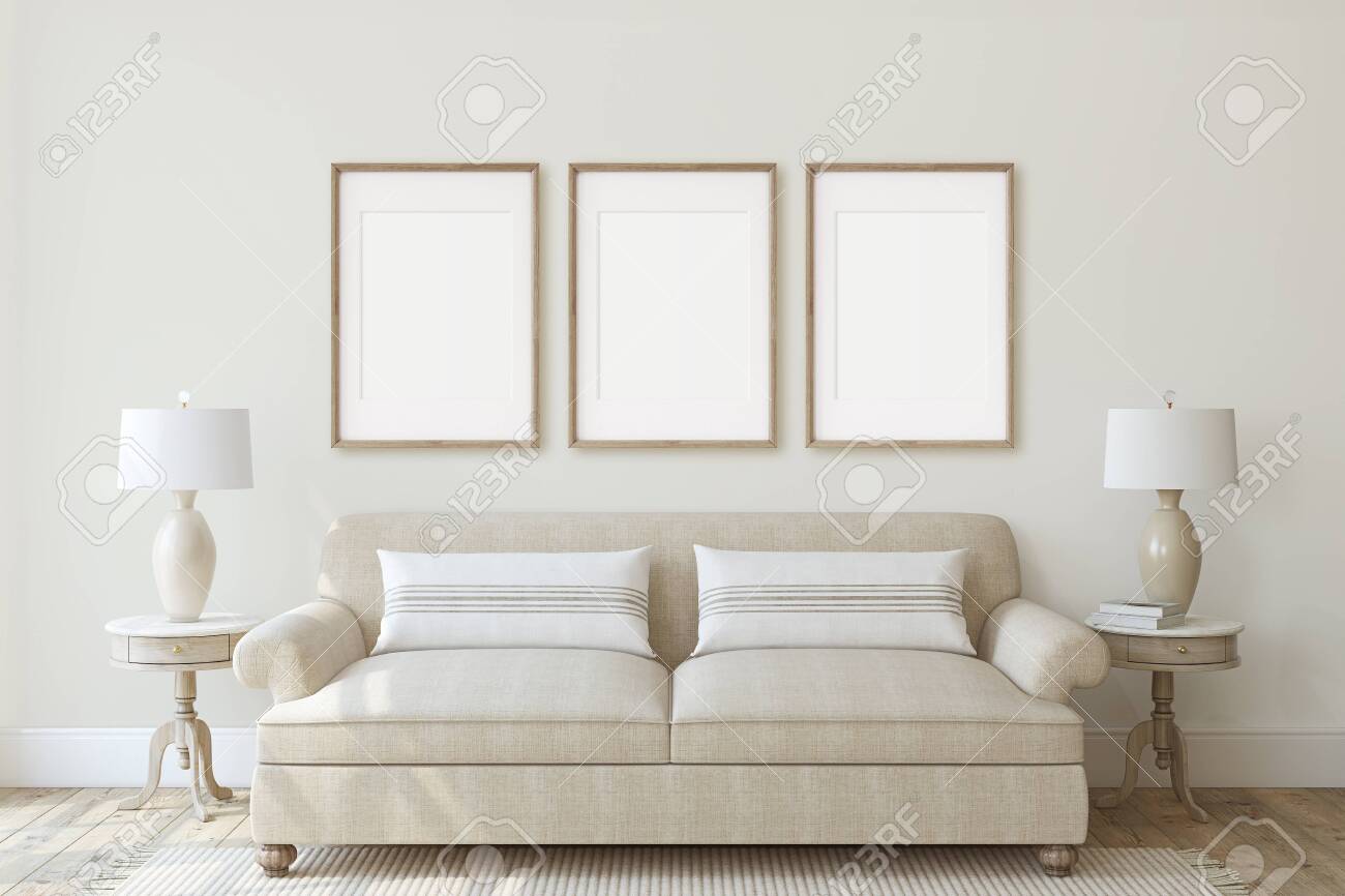 Modern living-room interior in neutral colors. Frame mockup. Interior mockup. Three vertical wooden frames on the wall. 3d render. - 128722496 Modern living-room interior in neutral colors. Frame mockup. Interior mockup. Three vertical wooden frames on the wall. 3d render. - 128722496