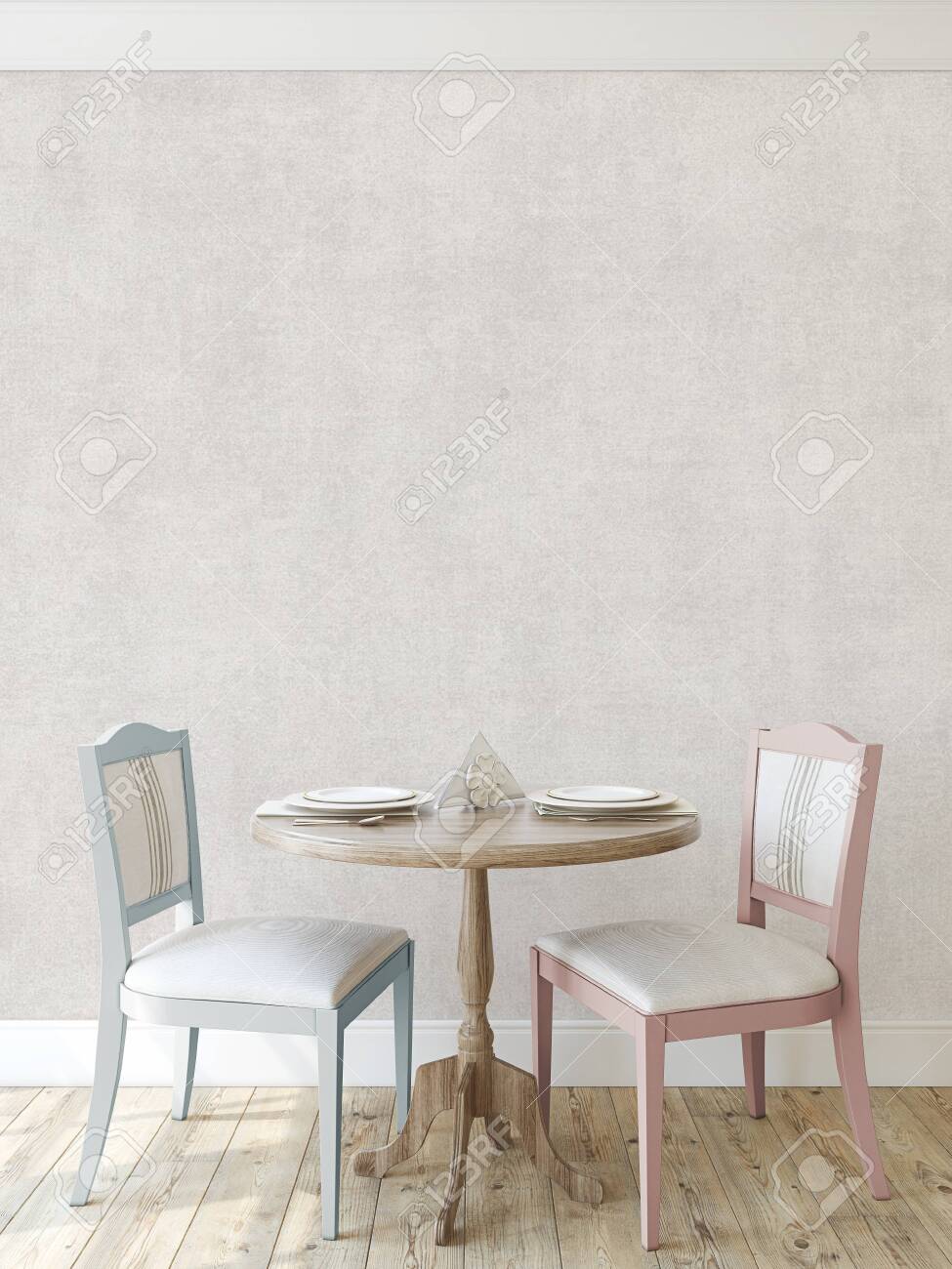 Modern dining-room. Interior mockup. Round table with two chairs near empty wall. 3d render. - 128722532 Modern dining-room. Interior mockup. Round table with two chairs near empty wall. 3d render. - 128722532