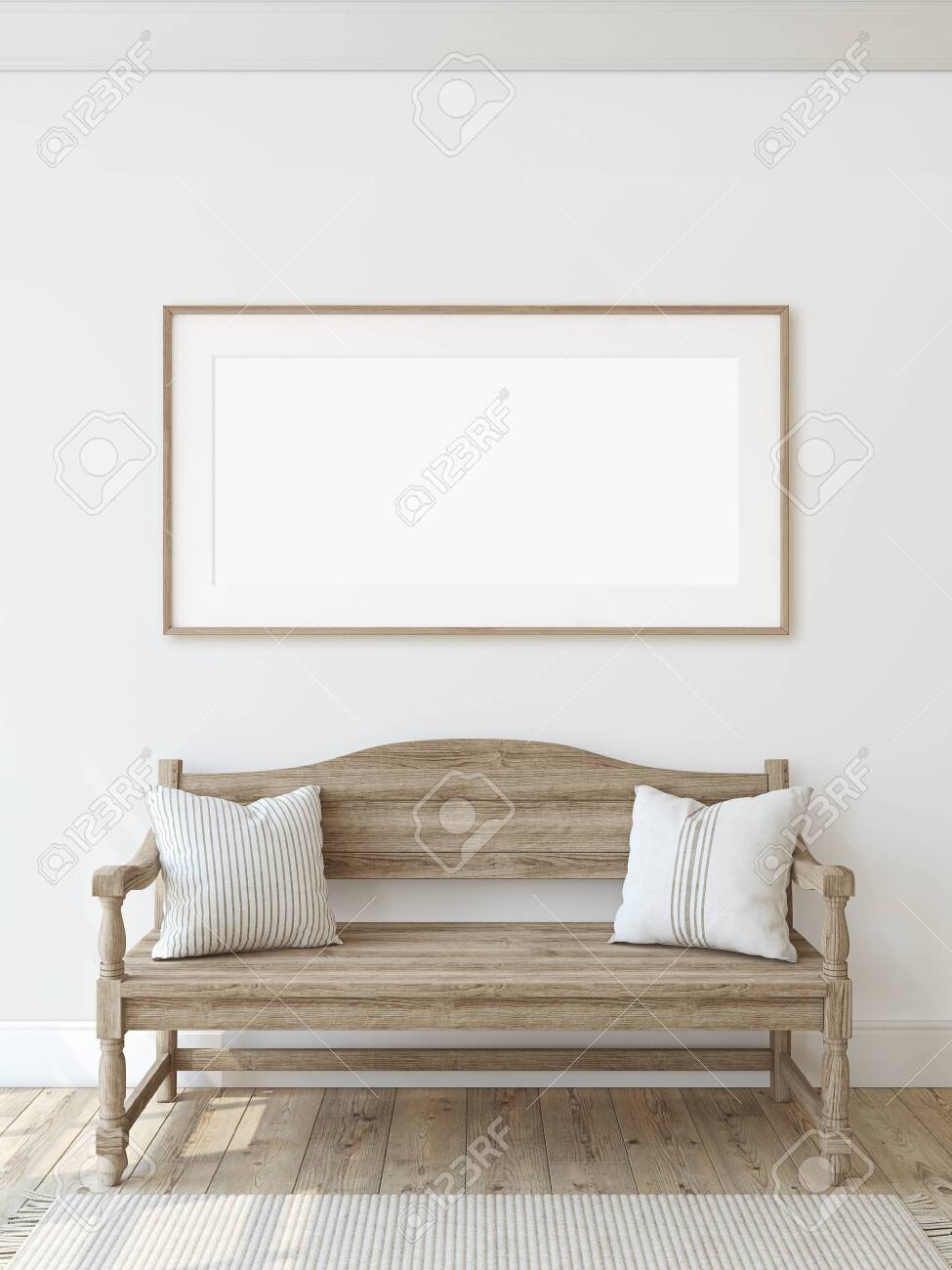 Farmhouse entryway. Wooden bench near white wall. Frame mockup. Wooden frame on the wall. 3d render. - 128722507 Farmhouse entryway. Wooden bench near white wall. Frame mockup. Wooden frame on the wall. 3d render. - 128722507