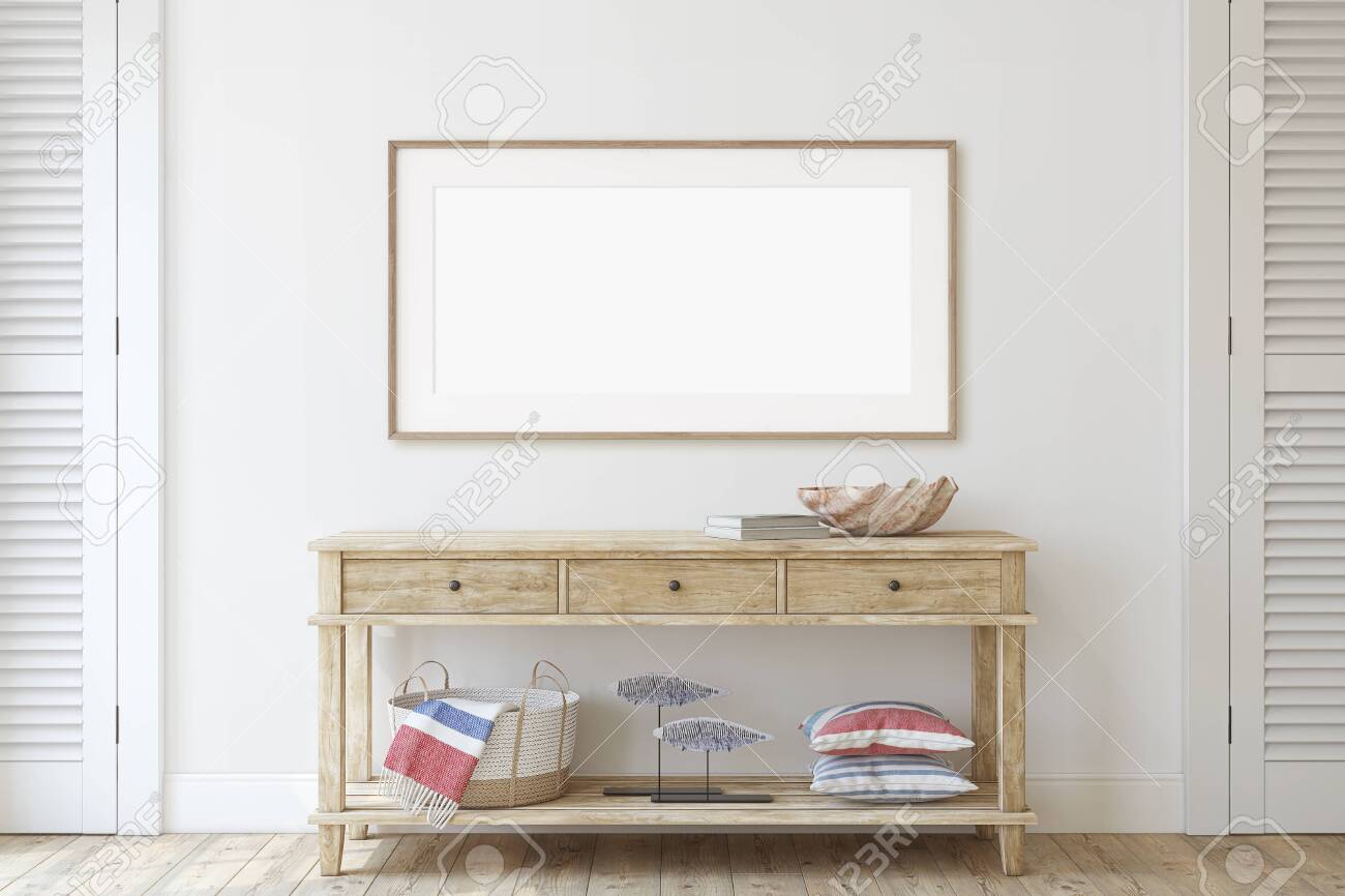 Interior in coastal style. Console table near wall. Interior and frame mockup. 3d render. - 128722522 Interior in coastal style. Console table near wall. Interior and frame mockup. 3d render. - 128722522