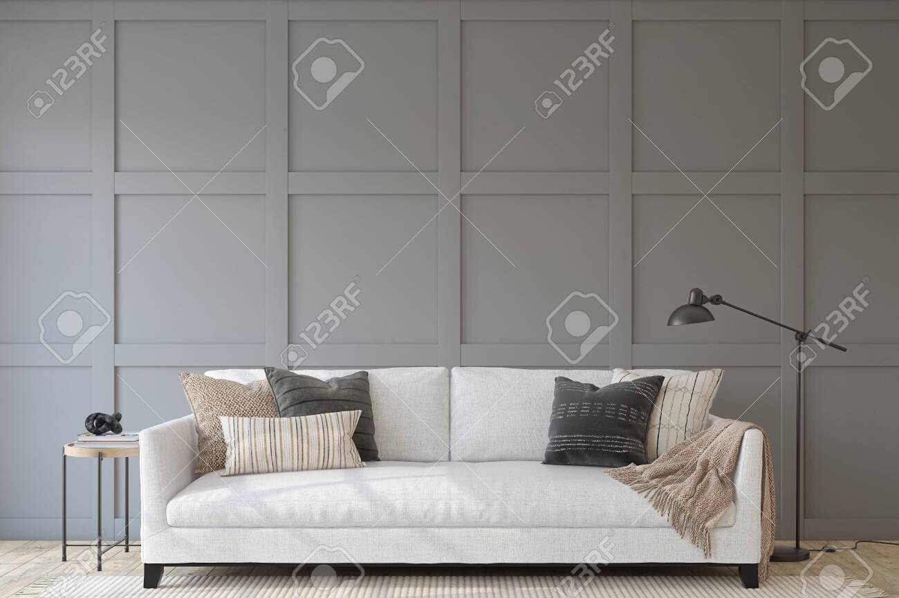 Modern living room interior. Interior mockup. The white couch near empty gray panel wall. 3d render. - 144428746 Modern living room interior. Interior mockup. The white couch near empty gray panel wall. 3d render. - 144428746